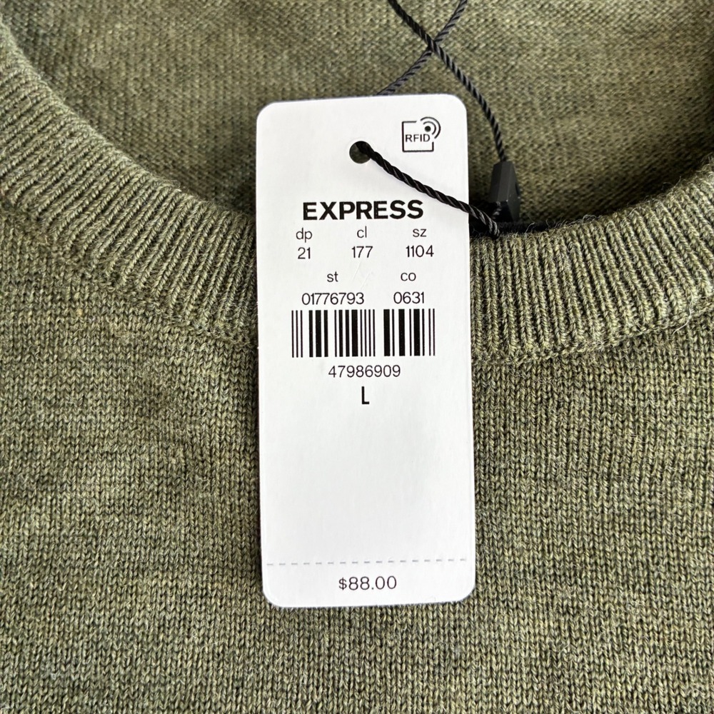 Express Mens Merino Wool Crew Neck Sweater Dark Green L NWT 01776793 - Picture 5 of 15